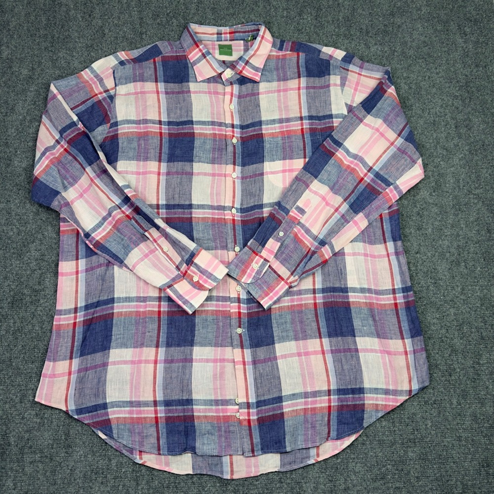 Sid Mashburn Shirt Mens XXL Pink Blue Plaid Linen Preppy Coastal‎ Vacation Beach